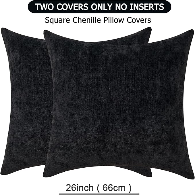 GAWAMAY Decorative Chenille Throw Pillow Covers 26x26 Inch Pack of 2, Soft Square Couch Pillow Cover for Sofa Cushion Living Room Bedroom Solid Dyed Oversized Pillowcases Black 66x66cm (ONLY Covers)