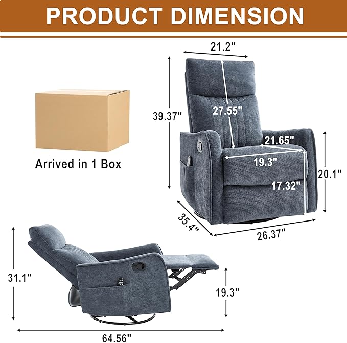 Manual Swivel Rocker Recliner Chair for Adults, Overstuffed Recliner Glider with Massage and Heat, Living Room Reclining Chair, Fabric Blue