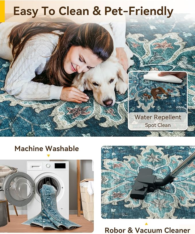 Area Rugs 8'x10' Washable Non-Slip, Floral Vintage Distress Print Pattern Medallion Carpet for Living Room Bedroom Dining Room, Teal Green Lake Blue Turquoise