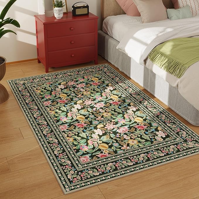Area Rug 4x6 Rug Washable Vintage Floral Rugs Non Slip Low Pile Small Carpet for Bedroom, Bedside, Kids Room, Office, Dining Room, Green