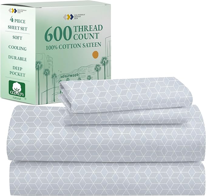 California Design Den Luxury King Size Sheet Set - 100% Cotton, 600 Thread Count Deep Pocket King Sheets, Hotel-Quality Bedding with Sateen Weave - Urban Geometric Print