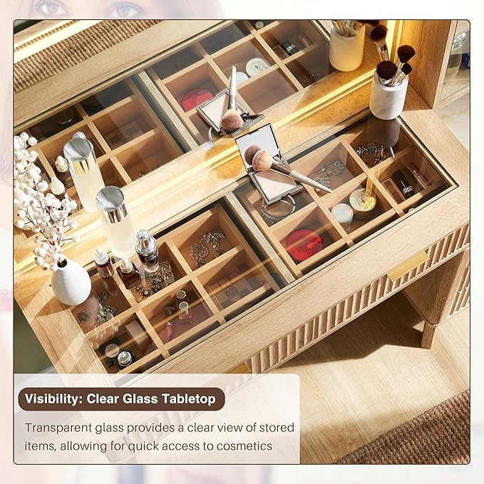 T4TREAM 48" Fluted Makeup Vanity Desk with Large 36" Mirror and Lights, Modern Glass Top Big Vanity Table with 5 Drawers & Adjustable Shelves, Dressing Table Set w/Charging Station for Bedroom, Oak