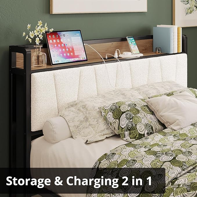 LIKIMIO Full Bed Frames, Storage Headboard with Charging Station, Solid and Stable, Noise Free, No Box Spring Needed, Easy Assembly, Wood and Cream