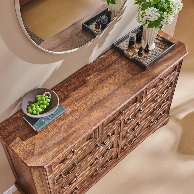 T4TREAM Farmhouse 8 Drawers Dresser for Bedroom, 54" Wide Wood Rustic Chest of Drawers with Natural Texture, Vintage Design, Storage Dressers Organizer for Bedroom, Living Room, Reclaimed Barnwood