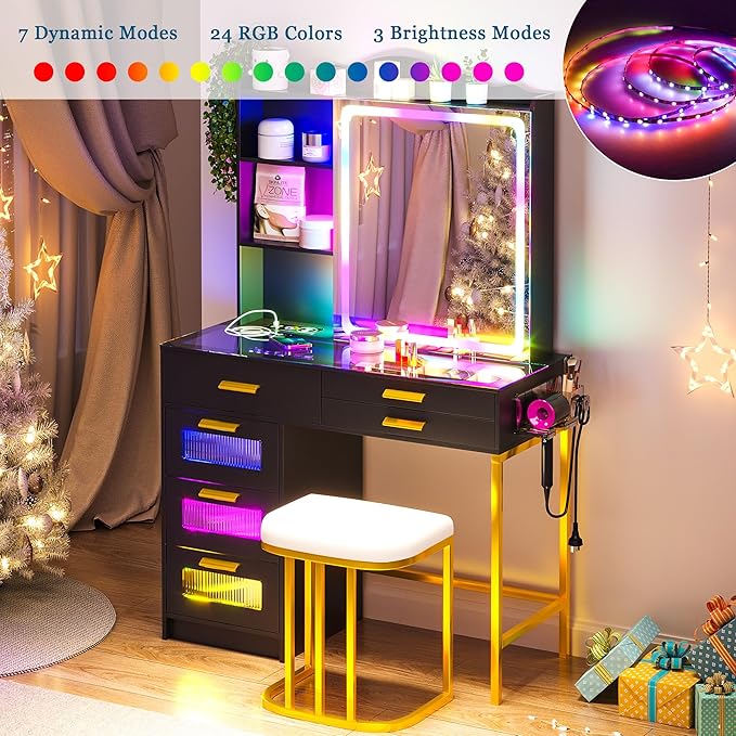 RGB Vanity Desk with Sliding Mirror and Lights, LED Makeup Vanity with Charging Station, Glass Top Dressing Table Set with Jewelry Organizer,6 Drawers,Stool,Shelves for Bedroom (Black)