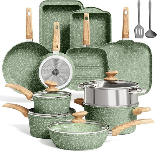 MAISON ARTS 17 Piece Pots and Pans Set Non Stick, Kitchen Cookware Sets with Nonstick Granite Stone Coating, Suitable for Induction Cooktops, Green