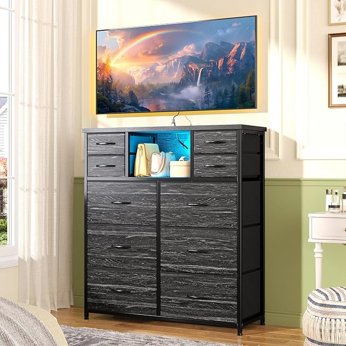 Dresser for Bedroom with Charging Station and LED and 10 Fabric Drawers, Sturdy Tall Chest of Drawers with 2 Open Storage Shelves Storage Tower for Clothing, Closet, Hallway (Black)