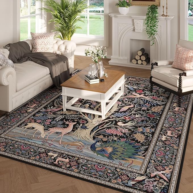 Area Rugs 5x7 Vibrant Tree of Life-Patterned Vintage Washable Area Rug Non Slip Low Pile Large Rugs for Living Room Bedroom Farmhouse Dining Room Kids Playroom, Black