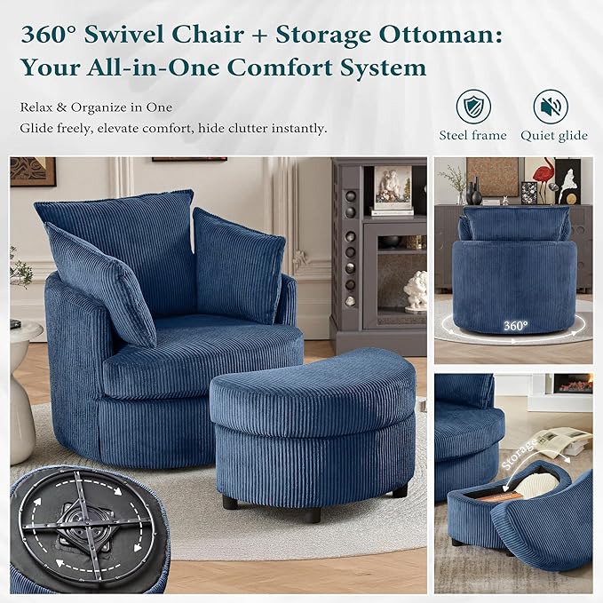 Swivel Accent Chair with Ottoman Comfy Reading Chairs for Bedroom Modern Corduroy Arm Chair 360°Swivel Barrel Chairs for Living Room,Apartment (Blue, 2)