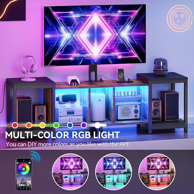 YITAHOME TV Stand with Mount for Living Room, TV Stand for 70inch TV with Power Outlet & LED Lights, LED Entertainment Center, Gaming TV Console Cabinet, Rustic Brown & Black