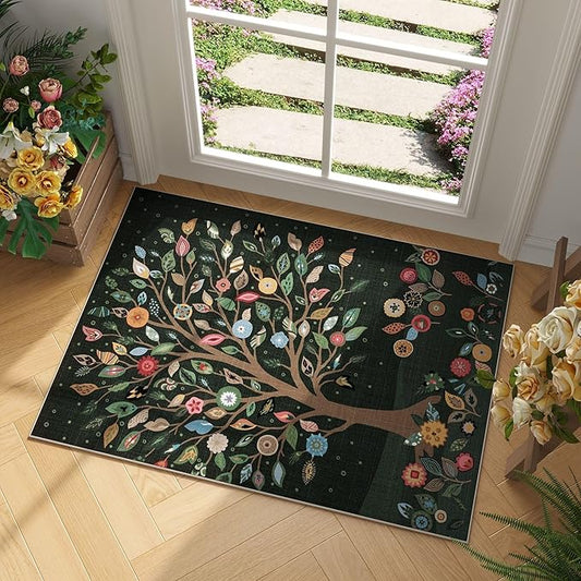 Door Mat Indoor Entrance 2x3 Rug Floral Tree Machine Washable Small Area Rug Bohemian Non-Slip Low Pile Throw Rugs for Entryway, Kitchen, Front Door Indoor Entrance, Entry, Kids Room, Green