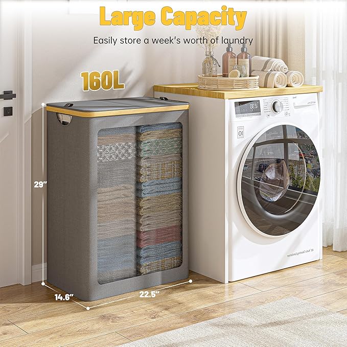 160L Double Laundry Hamper with Lid 2 Section, Large Bamboo Laundry Basket with 2 Removable Bags, Clothes Hampers for Laundry for Bedroom, Bathroom, Dorm, Laundry Room, Grey