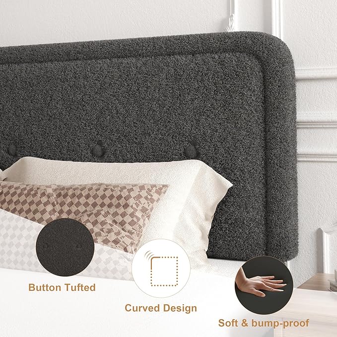 Queen Size Boucle Platform Bed Frame, Anti-Collision Soft Rounded Corners, Adjustable Headboard, No Box Spring Needed, Easy Assembly, Noise Free, Dark Grey