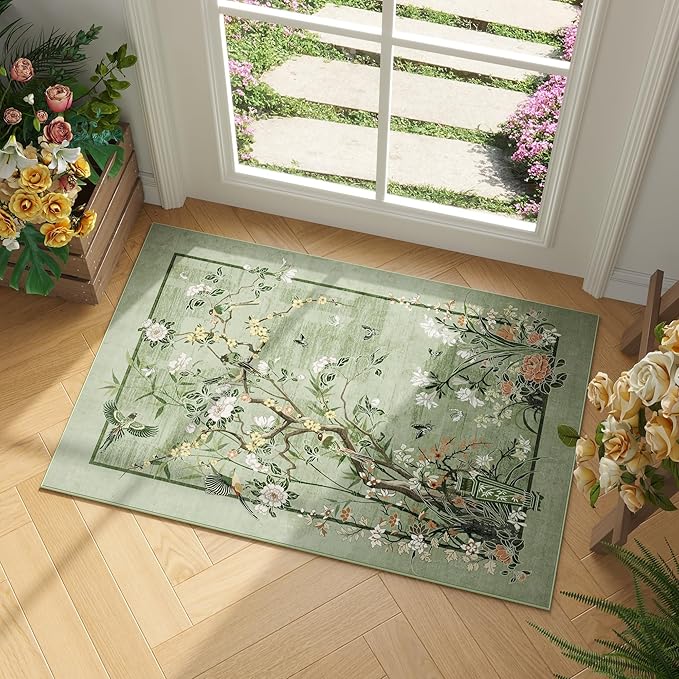 Door Mat Indoor Entrance 2x3 Rug Chinoiserie-Style Floral Vintage Machine Washable Small Area Rug Non-Slip Low Pile Throw Rugs for Entryway, Kitchen, Front Door, Entry, Kids Room, Green