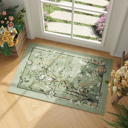 Door Mat Indoor Entrance 2x3 Rug Chinoiserie-Style Floral Vintage Machine Washable Small Area Rug Non-Slip Low Pile Throw Rugs for Entryway, Kitchen, Front Door, Entry, Kids Room, Green