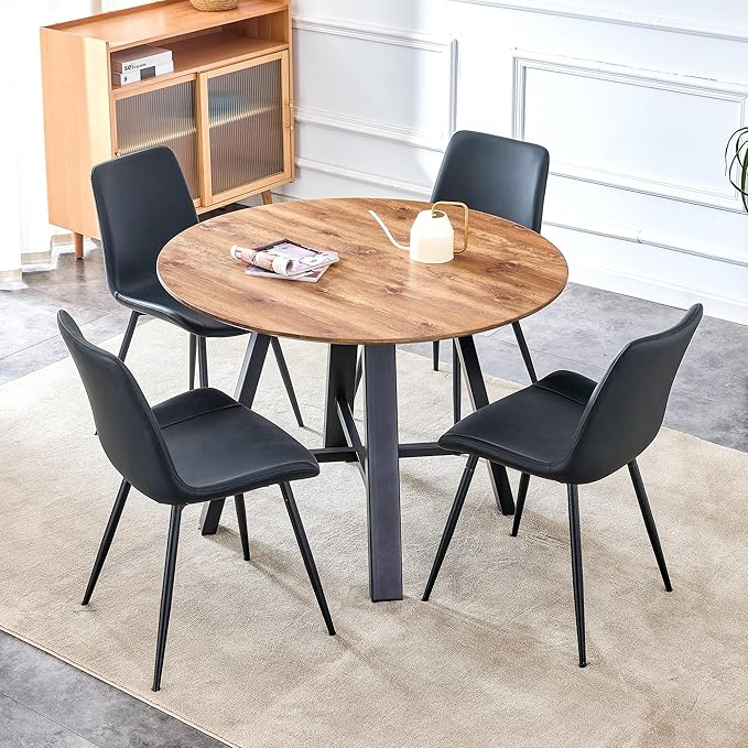 Dining Table Set for 4, Round Kitchen Table Chairs Set for 4,Modern 42" Round Wood Dining Room Table Set PU Leather Chairs for Small Space Apartment Kitchen Living Office
