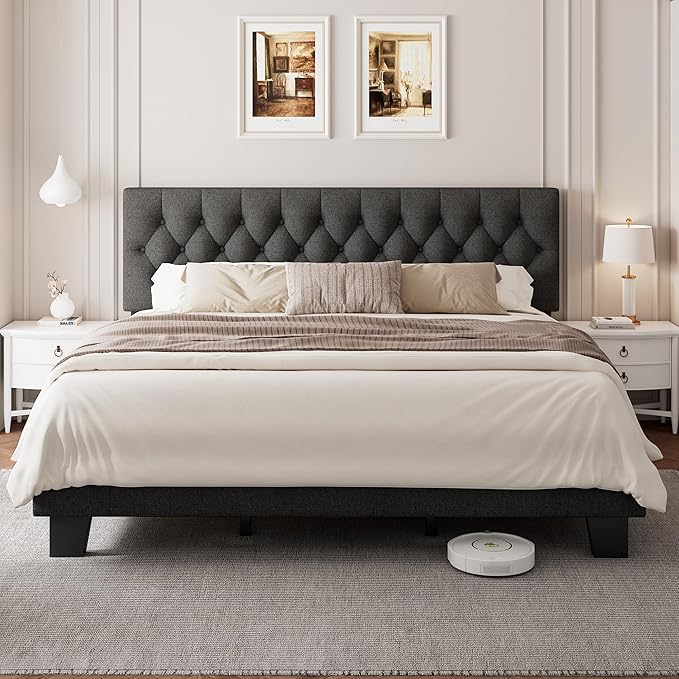 King Upholstered Bed Frame with Headboard, Button Tufted Linen Bed Base, Platform Bed with Heavy Duty Wood Slat Support, Noise Free, Easy Assembly, No Box Spring Needed, Dark Grey