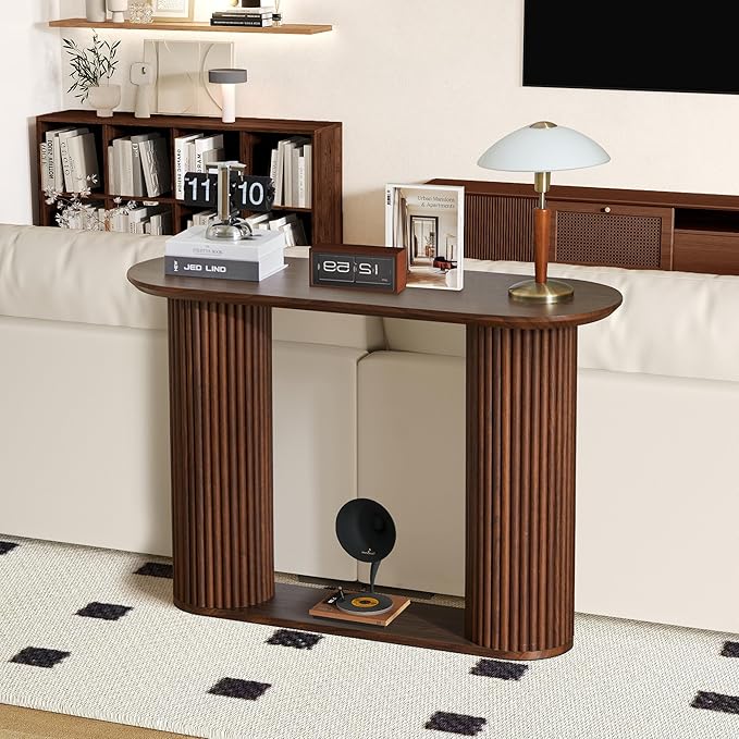 Fluted Console Table, Farmhouse Oval Curved Entryway Table with Storage and Fluted Wood Legs, Narrow Small Long Entry Sofa Table for Entrance, Hallway, Living Room (Walnut)