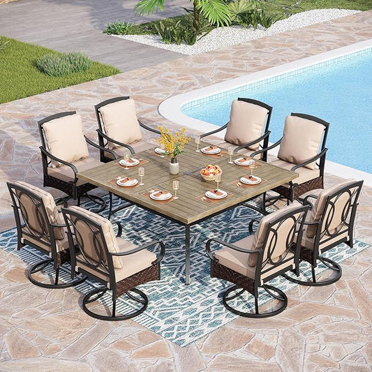 PHI VILLA 9-Piece Outdoor Dining Sets, 60x60 All-Weather Patio Table and Chairs Set for 8, Heavy Duty Patio Table Set Square for Deck, 8 Extra Large Outdoor Swivel Chairs with Thick Cushions