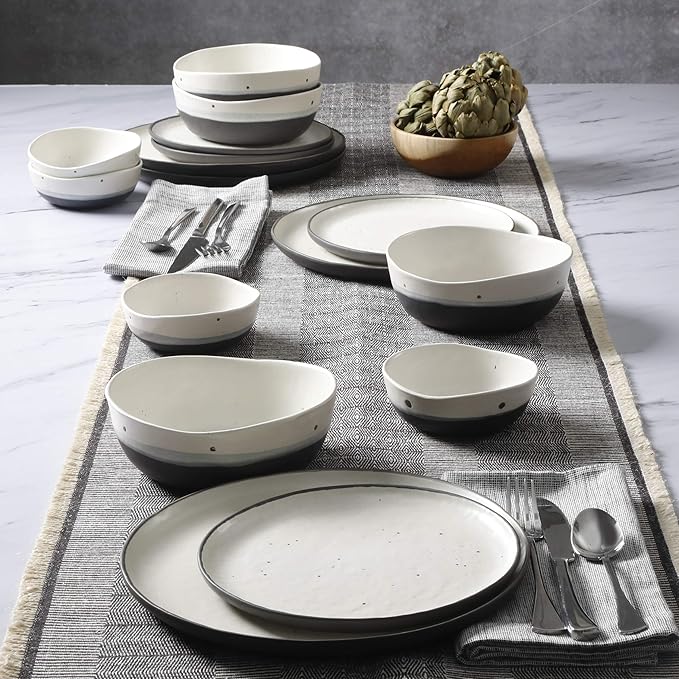 Gibson Elite Rhinebeck Double Bowl Dinnerware Set, Service for 4 (16pcs), White and Black