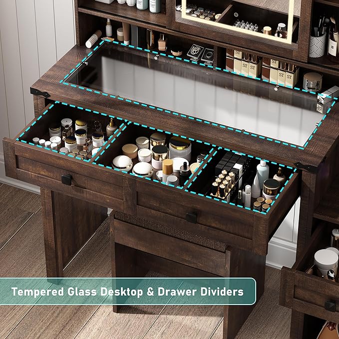 Farmhouse 47.2" Makeup Vanity Desk with Sliding Mirror and Lights, Vanity Set with Stool & Charging Station, 3 Colors Lights, Glass Desktop, Ample Storage, Brown