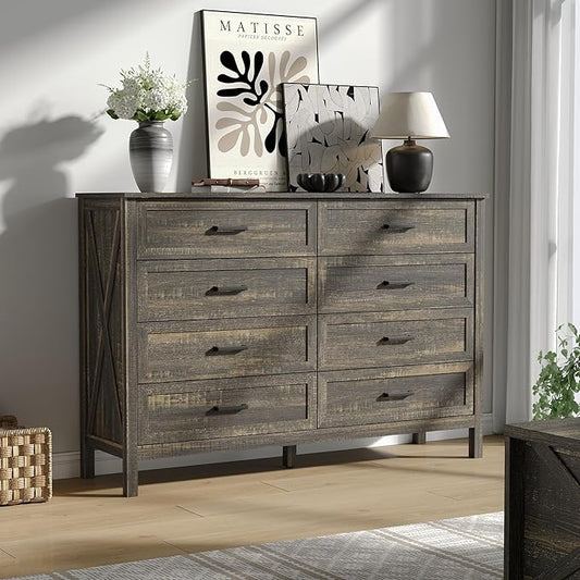 Farmhouse 8 Drawers Dresser for Bedroom, Wood Rustic Wide Chest with Natural Texture, Large Dressers for Bedroom, Hallway, Entryway, Dark Brown