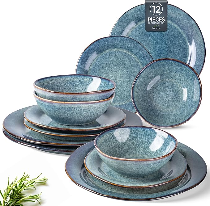 AmorArc Ceramic Dinnerware Sets, Handmade Stoneware Reactive Glaze Plates and Bowls Set, Scratch Resistant | Dishwasher & Microwave Safe Dishes Set, Service for 4 (12pc)