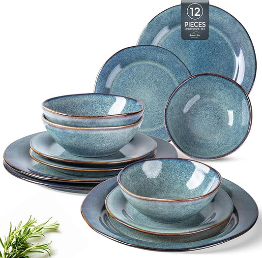AmorArc Ceramic Dinnerware Sets, Handmade Stoneware Reactive Glaze Plates and Bowls Set, Scratch Resistant | Dishwasher & Microwave Safe Dishes Set, Service for 4 (12pc)