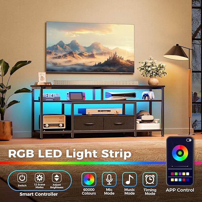 Huuger TV Stand for 55 60 Inch TV, Entertainment Center with Power Outlets and LED Lights, 54 Inch TV Console for Living Room, Media Console with Drawers and Shelves, Black