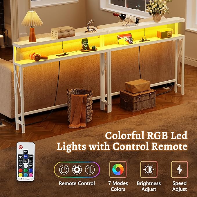 FAVOOSTY 46.8" Skinny Console Table with Charging Station and LED Light,5.9" Narrow Sofa Table with Power Outlets and Type C & USB Port, Behind Couch Table for Living Room, Hallway, EntryWay, White