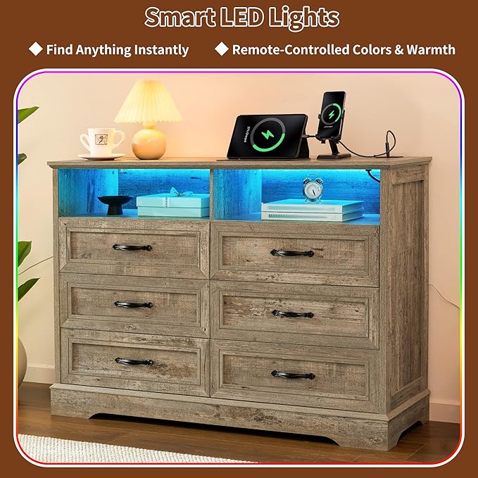 Dressers for Bedroom,6 Drawers Dresser with LED Light,Power Outlets and Open Shelves,Chests of Drawers for 65 inch TV, for Hallway, Entryway, Light Rustic Oak
