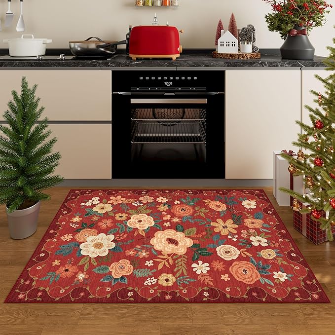 DUKINO 3x5 Area Rug, Floral Rugs for Living Room, Lightweight Non Slip Washable Rug, Indoor Low Pile & Non-Shedding Boho Design Rugs for Bedroom, Living Room, Dining Room, Red
