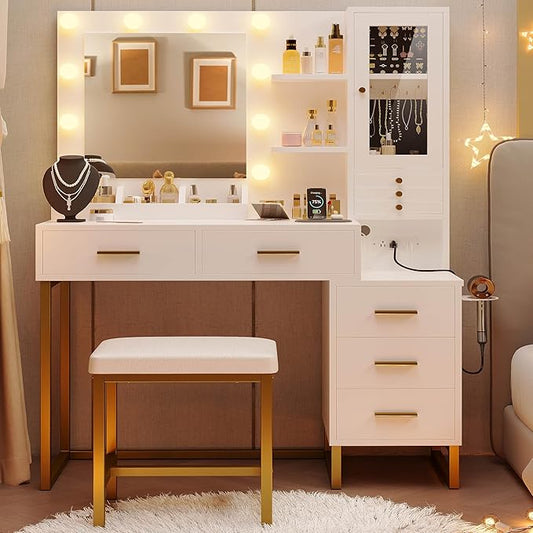 IRONCK Vanity Desk with Mirror and Lights, Makeup Vanity Table with 5 Drawers & Shelves, Power Outlet, Vanity Stool, Dressing Table with Jewelry Storage for Bedroom, White & Gold