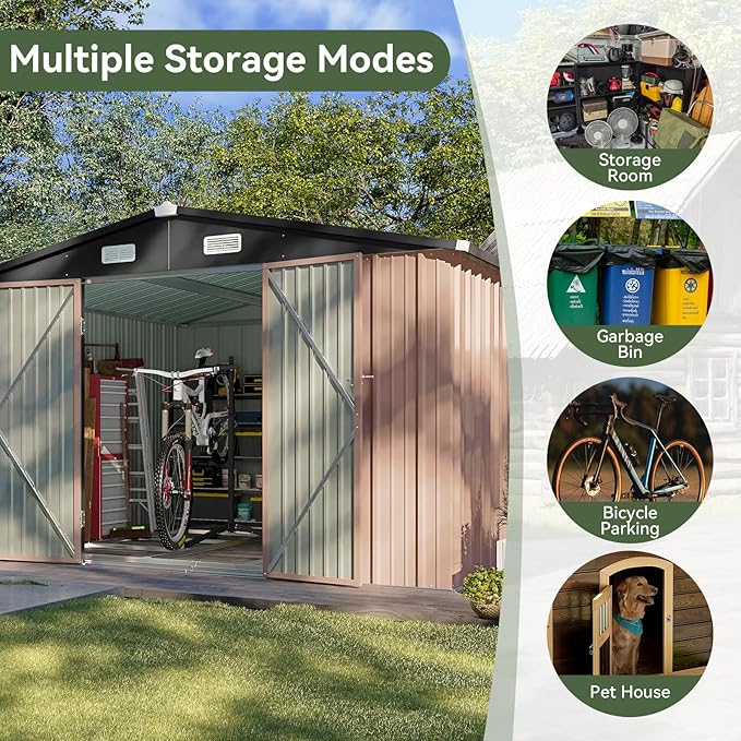 Aoxun 10x8.5 FT Outdoor Storage Shed Garden Metal Shed with Lockable Door Outdoor Large Shed for Tool, Garbage Can, Bike, Mower, Brown