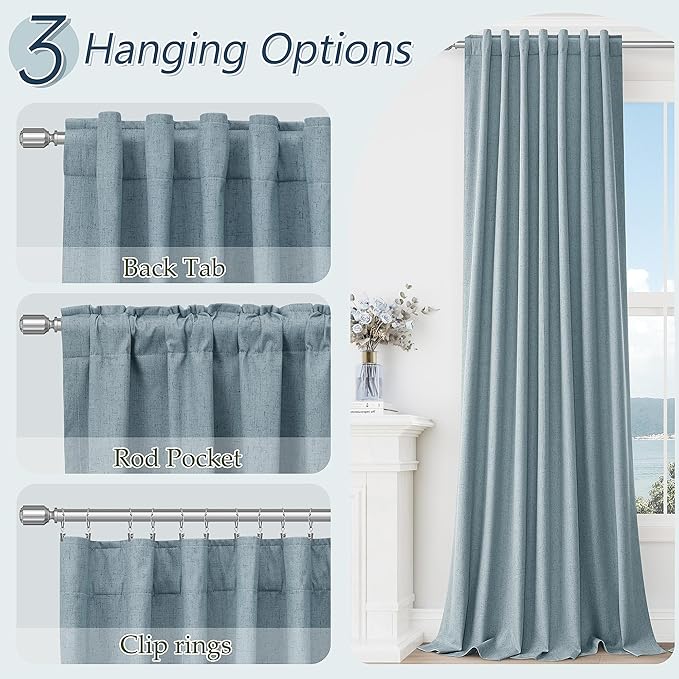 Blue Linen Blackout Curtains 126 Inch Length 2 Panels Set for Living Room Bedroom Back Tab Thermal Insulated 100% Black Out Linen Drapes Room Darkening Window Curtains 126 Inches Long Dusty Blue