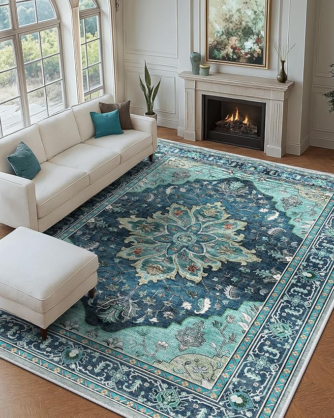 Area Rugs 10'x12' Washable Non-Slip, Floral Vintage Distress Print Pattern Medallion Carpet for Living Room Bedroom Dining Room, Teal Green Lake Blue Turquoise