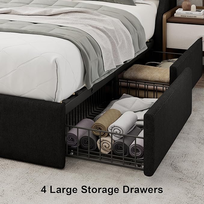 Upholstered Full Size Bed Frame with 4 Storage Drawers, Platform Bed with Large Wingback Headboard, Charging Station, No Box Spring Needed, Easy Assembly, Black