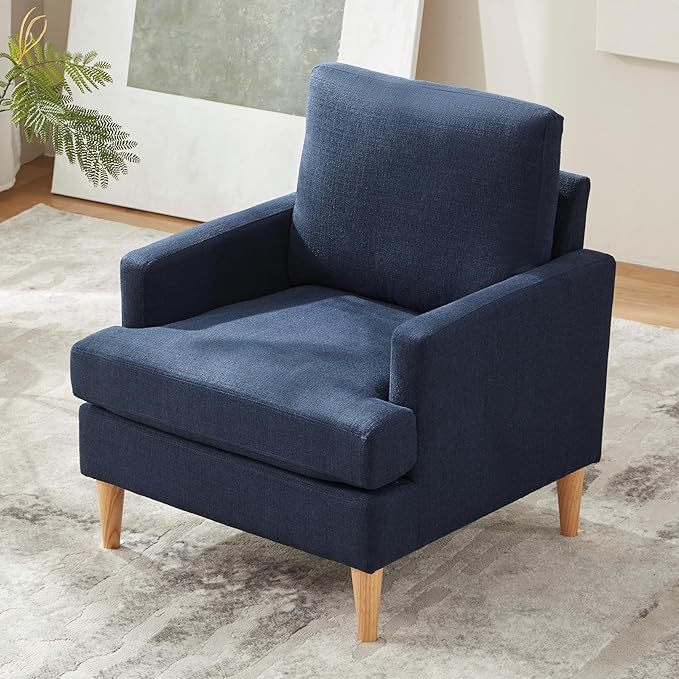VKNOW Mid-Century Accent Chairs Set of 2, Modern Upholstered Armchair for Living Room,Comfy Reading Accent Chairs with Wood Legs for Bedroom, Navy Blue Polyester