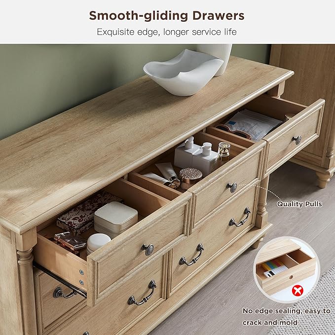 T4TREAM Farmhouse 7 Drawers Dresser Chests for Bedroom with 4 Solid Wood Feet, Tall Wide Wood Country Rustic Chest of Drawers, Storage Dressers for Bedroom, Living Room,Natural Oak