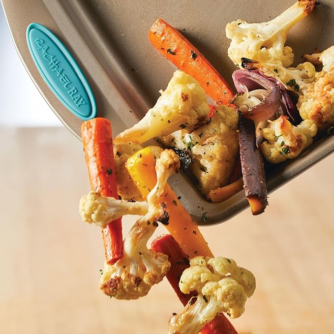 Rachael Ray 47578 Cucina Nonstick Bakeware Set with Grips Includes Nonstick Bread Pan, Baking Sheet, Cookie Sheet, Baking Pans, Cake Pan and Muffin Pan - 10 Piece, Latte Brown with Agave Blue Grips