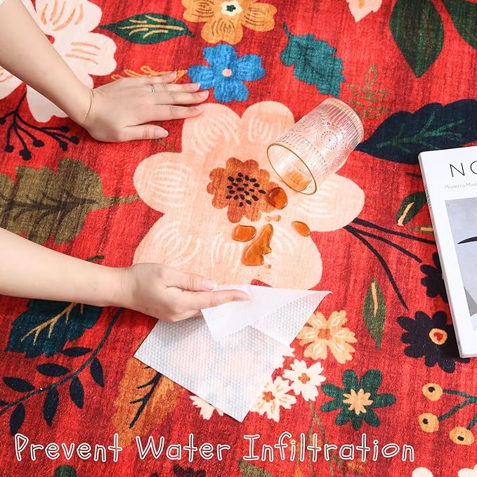 Area Rug 4x6 Rug Washable Boho Rugs Non Slip Low Pile Floral Small Carpet for Bedroom, Bedside, Kids Room, Office, Dining Room(Red)