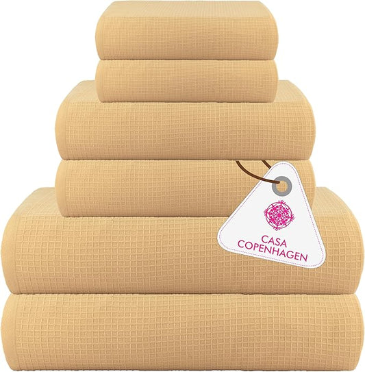 CASA COPENHAGEN Waffle Towel, 6Pieces 100% Cotton Large Towel Set- Beige, 2Bath 2Hand 2Washcloths Instant Absorb and Dry, Soft Strong Towels for Hotel Spa Kitchen Bathroom & Shower