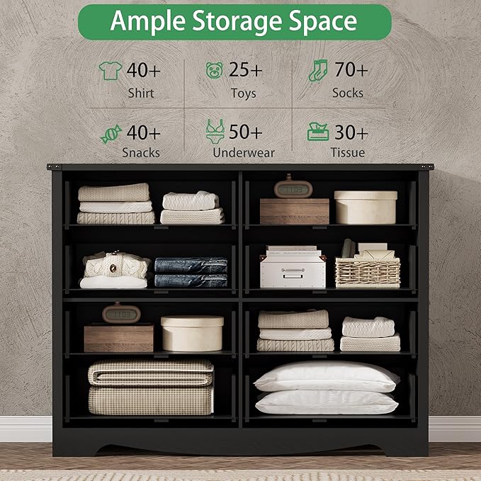 Dresser for Bedroom with 8 Drawers, 48" Wide Wood Chest of Drawers with Deep Drawers & Mental Handle, Modern Dresser TV Stand, Wooden Closet Storage Organizer for Living Room, Hallway, Entryway, Black