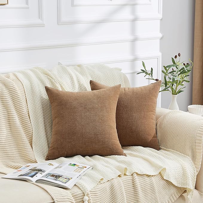GAWAMAY Decorative Square Throw Pillow Covers 20"x20" Inch Set of 2, Super Soft Chenille Pillows Farmhouse Fall Pillowcase for Living Room Bedroom Sofa Couch Cushion Cover Brown 50x50cm (No Inserts)