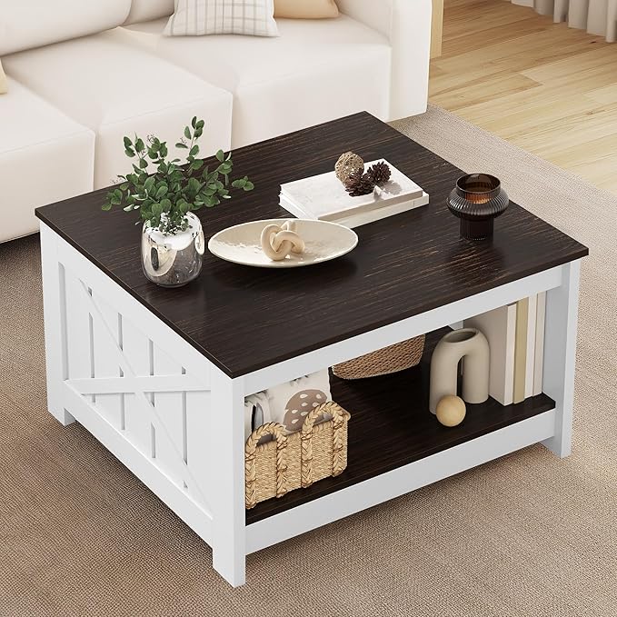 YITAHOME Farmhouse Coffee Table with Storage, 2 Tiers Rustic Wood Cocktail Table, Square Coffee Tables for Living Meeting Room with Half Open Storage Compartment, Deep Brown