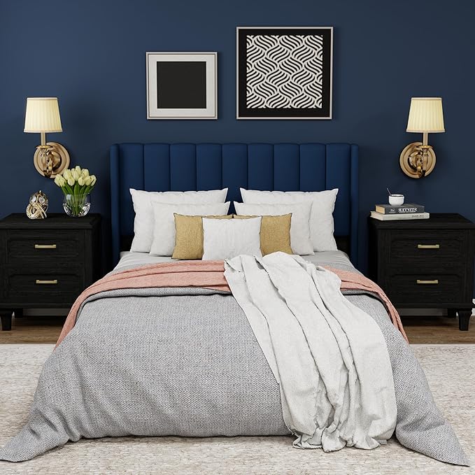 Upholstered Platform Full Size Bed Frame with Headboard Wooden Slats Support No Noise Easy Assembly Blue Velvet