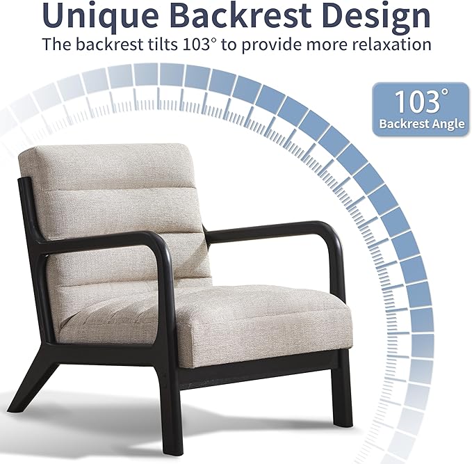 VKNOW Accent Chair with Rubberwood Frame, Mid-Century Modern Upholstered Reading Armchair, High Back Lounge Armchair Living Room Chair for Bedroom Reading Room, Light Brown