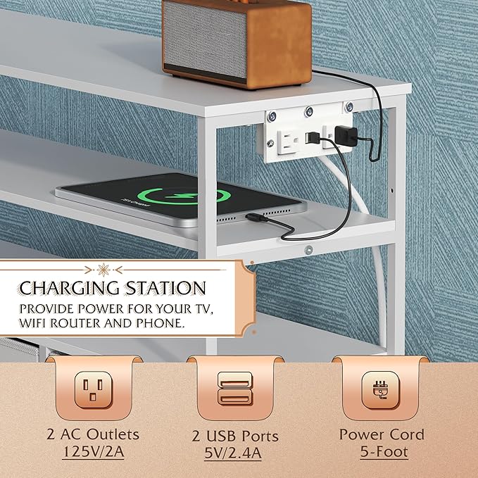 WLIVE White TV Stand for 40, 45 inch TV, Entertainment Center with LED Lights & Charging Station, TV Media Console Table with 6 Fabric Drawers and Open Shelves for Living Room, Hallway, Wood Top