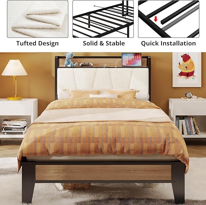 LIKIMIO Twin XL Bed Frames, Storage Headboard with Charging Station, Solid and Stable, Noise Free, No Box Spring Needed, Easy Assembly, Wood and Cream