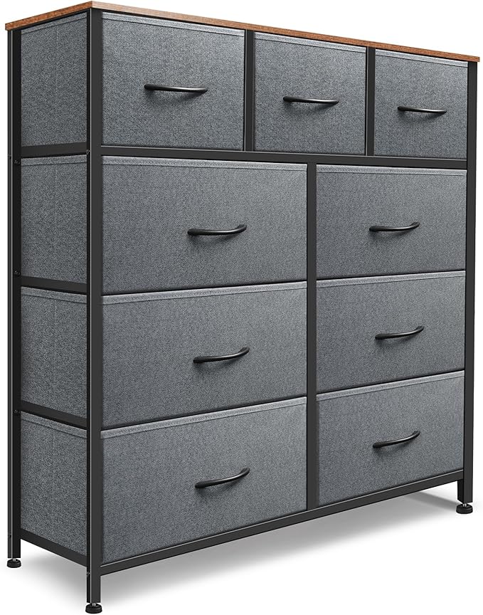 Dresser for Bedroom with 9 Drawers, Chest of Drawers, Storage Drawers Organizer Unit, Grey Wide Fabric Dresser with Fabric Bins for Closet, Living Room, Entryway (Grey and Rustic Brown)